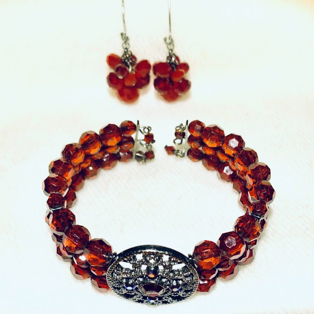 Crystal Bracelet, Dangle Earrings, Red and Antiqued Silver Tone